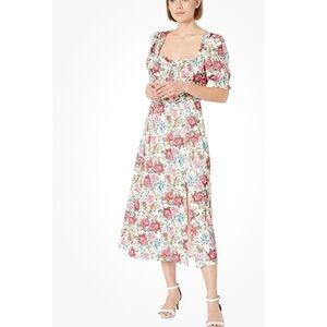 Wayf Womens Beatrix Puff Sleeve Floral Midi Dress Sz XS Red Pink Side Slit Lined